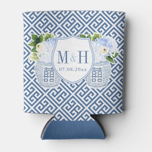 ネイビー名門私立校風のホワイトフローラの結婚モノグラムの好意 缶クーラー (正面)