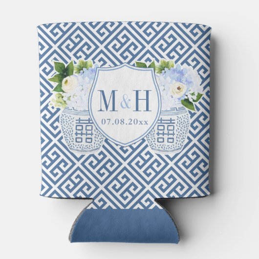 ネイビー名門私立校風のホワイトフローラの結婚モノグラムの好意 缶クーラー (裏面)