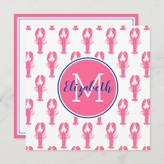 ネイビー名門私立校風のモノグラムと白のピンクのロブスター (正面/裏面)