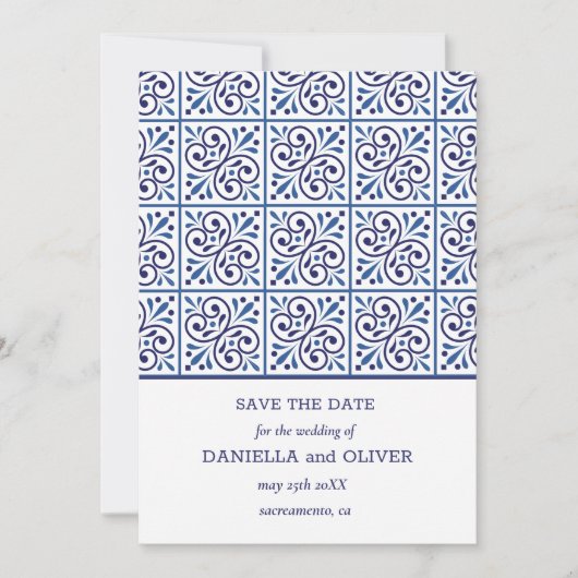ネイビー地中海のタイル結婚式の日付を保存 招待状 (正面)