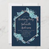 ネイビー多血バラ金ゴールド誕生日パーティーの招待 招待状 (正面)