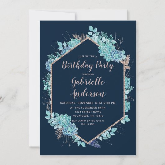 ネイビー多血バラ金ゴールド誕生日パーティーの招待 招待状 (正面)