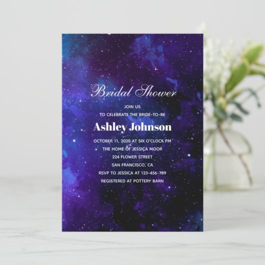 ネイビー宇宙。夜星。モダンブライダルシャワー 招待状 (スタンド正面)