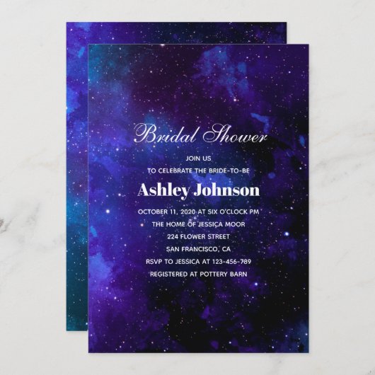 ネイビー宇宙。夜星。モダンブライダルシャワー 招待状 (正面/裏面)