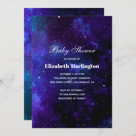 ネイビー宇宙。夜星。銀河系モダンシャワー 招待状 (正面/裏面)