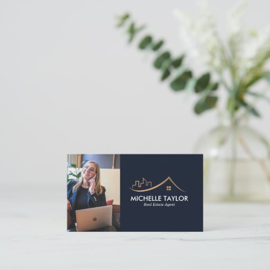 ネイビー実在プロフェッショナル不動産不動産仲介業者写真QR 名刺 (スタンド正面)