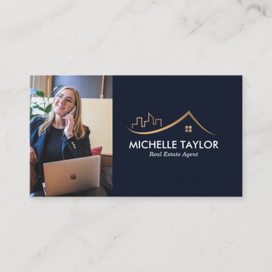 ネイビー実在プロフェッショナル不動産不動産仲介業者写真QR 名刺 (正面)