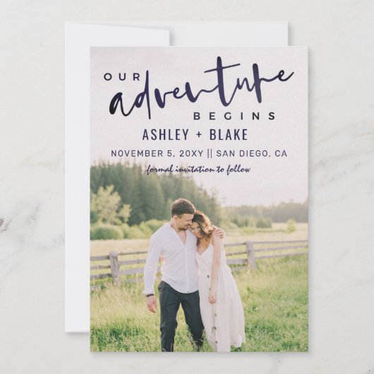 ネイビー我々の冒険を開始する写真を保存する日付 案内状 (正面)