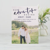 ネイビー我々の冒険を開始する写真を保存する日付 案内状 (スタンド正面)