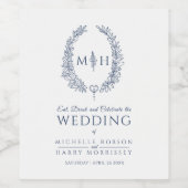 ネイビー手描き葉モノグラム結婚アートのワインラボ ワインラベル (シングルラベル)