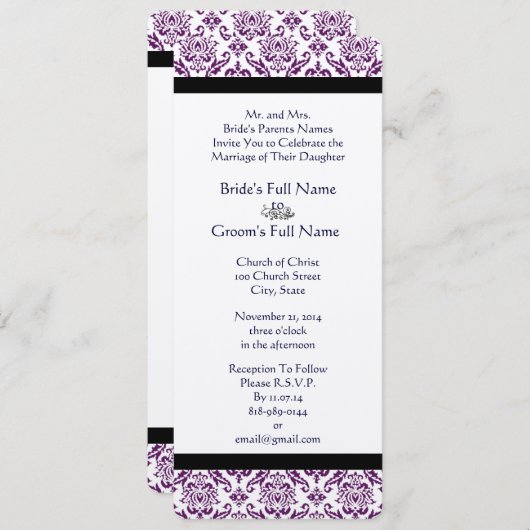 ネイビー文字パープルダマスクモノグラム結婚ズ 招待状 (正面/裏面)