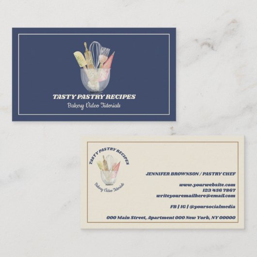 ネイビー料理木製素朴ベーカリー 名刺 (正面/裏面)