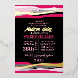 ネイビー明るい赤紫色Sweet sixteen16招待状バラ金ゴールド 箔招待状