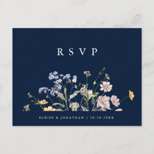 ネイビー春ワイルドフラワーメドウウェディングRSVP ポストカード