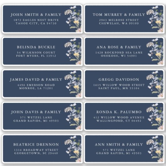 ネイビー春ワイルドフラワーメドウゲスト名アドレス シール (正面)