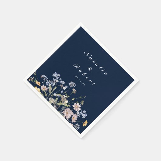ネイビー春ワイルドフラワーメドウ庭園の結婚式ナップ スタンダードカクテルナプキン (角)