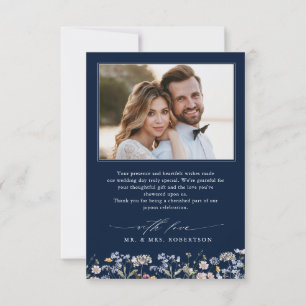 ネイビー春ワイルドフラワーメドウ庭園の結婚式 サンキューカード