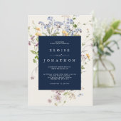 ネイビー春ワイルドフラワーメドウ庭園の結婚式 招待状 (スタンド正面)