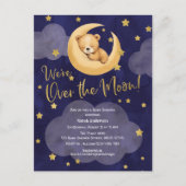 ネイビー月の上テディベア小さな星 インビテーションポストカード (正面)