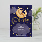 ネイビー月の上テディベア小さな星 箔招待状 (立ち正面)