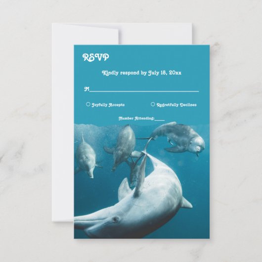 ネイビー水中ドルフよくはしゃぐィンズシービーチ結婚式 出欠カード (正面)
