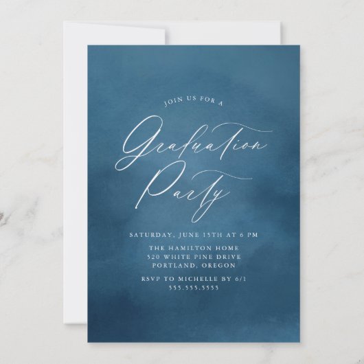 ネイビー水彩アーチ写真卒業パーティー 招待状 (裏面)