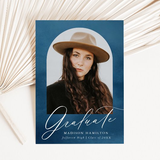 ネイビー水彩アーチ写真卒業 案内状