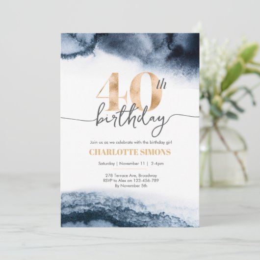 ネイビー水彩画と金ゴールド40歳の誕生日の招待状 招待状 (スタンド正面)