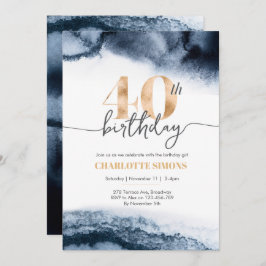 ネイビー水彩画と金ゴールド40歳の誕生日の招待状 招待状