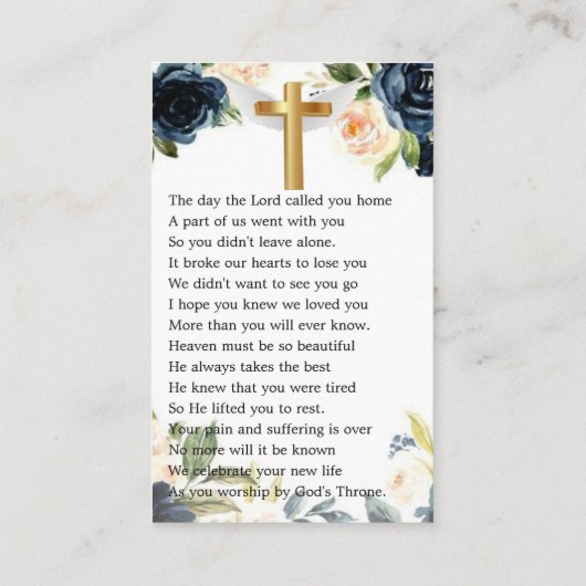 ネイビー水彩花写真葬式祈りの言葉カード 名刺 (裏面)