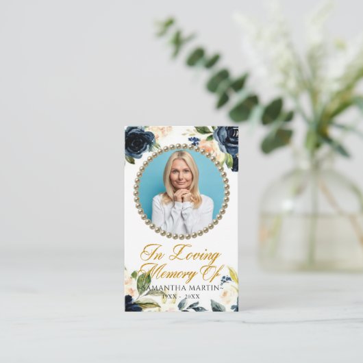 ネイビー水彩花写真葬式祈りの言葉カード 名刺 (スタンド正面)