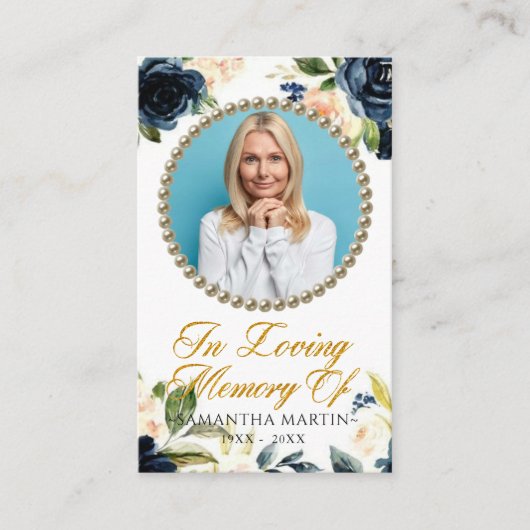 ネイビー水彩花写真葬式祈りの言葉カード 名刺 (正面)