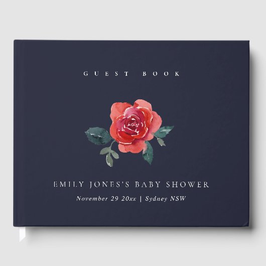ネイビー水彩赤緑バラフローラベビーシャワー ゲストブック (正面)
