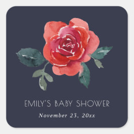 ネイビー水彩赤緑バラフローラベビーシャワー スクエアシール
