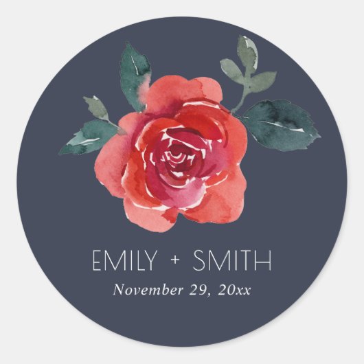 ネイビー水彩赤緑バラフローラ結婚 ラウンドシール (正面)