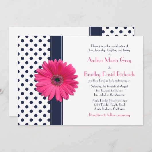 ネイビー水玉模様ピンクデイジー結婚式招待状 招待状 (正面/裏面)