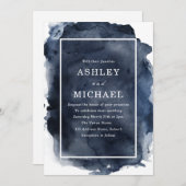 ネイビー水色スプラッシュホワ縁どイ結婚ーズ 招待状 (正面/裏面)