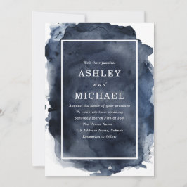 ネイビー水色スプラッシュホワ縁どイ結婚ーズ 招待状