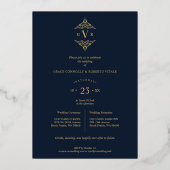 ネイビー洗練フローリッシュシックゴールデンイニシャル 箔招待状 (裏面)