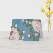 ネイビー淡い色のブルーの背景を持つピンクのバラ カード (黄色い花)