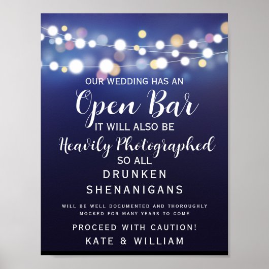 ネイビー灯列オープンバー結婚の標識 ポスター (正面)