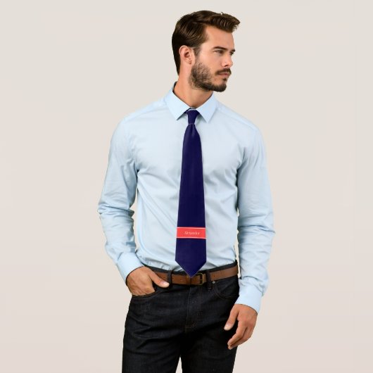 ネイビー無地のブルーコーラルレッドリボン名モノグラム ネクタイ (インサイチュ)