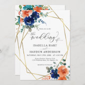 ネイビー燃えたオレンジ色のフローラ金ゴールド結婚フレーム 招待状 (正面/裏面)