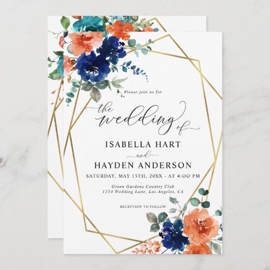 ネイビー燃えたオレンジ色のフローラ金ゴールド結婚フレーム 招待状 (正面/裏面)