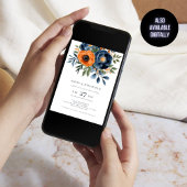 ネイビー燃えたオレンジ色の水の花模様結婚QR 招待状