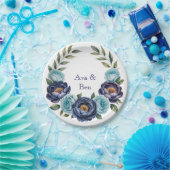 ネイビー牡丹とターコイズバラのフローラ結婚 ペーパープレート (パーティー)