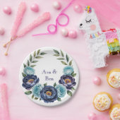 ネイビー牡丹とターコイズバラのフローラ結婚 ペーパープレート (パーティー)