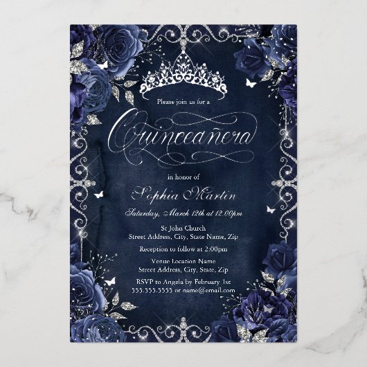 ネイビー王室のシルババタフライバラキンセアニェラ 箔招待状 (正面)