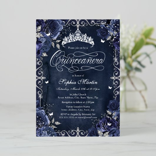 ネイビー王室のシルババタフライバラキンセアニェラ 箔招待状 (立ち正面)