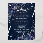 ネイビー王室のスクロールフローラ蝶キンセアニェラ 箔招待状 (正面)